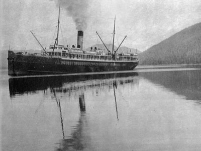 Several years before this photo was taken, the Admiral Evans, then known as the S.S. Buckman, was the subject of a remarkably maladroit attempt at piracy off the Oregon Coast. Admiral Evans on a cruise through the Inside Passage.